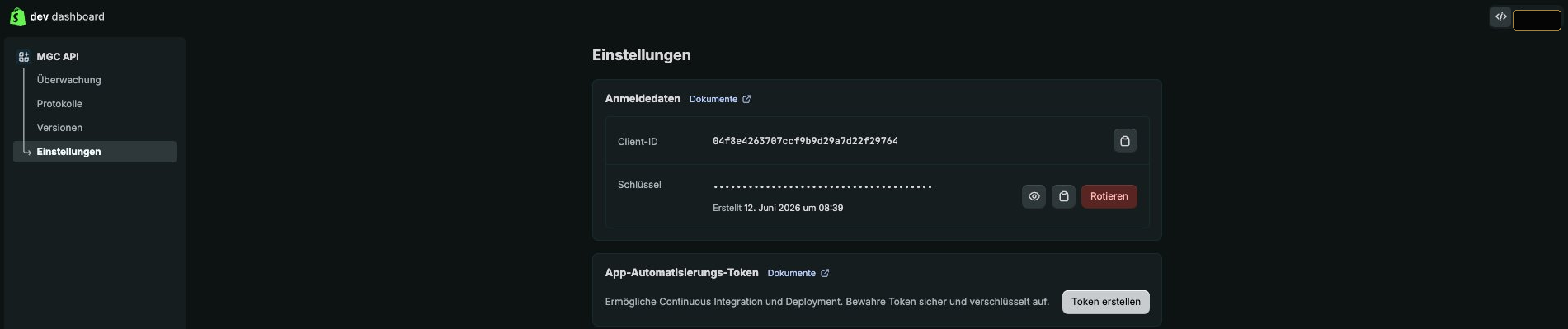 Dev Dashboard – Anmeldedaten mit Client-ID