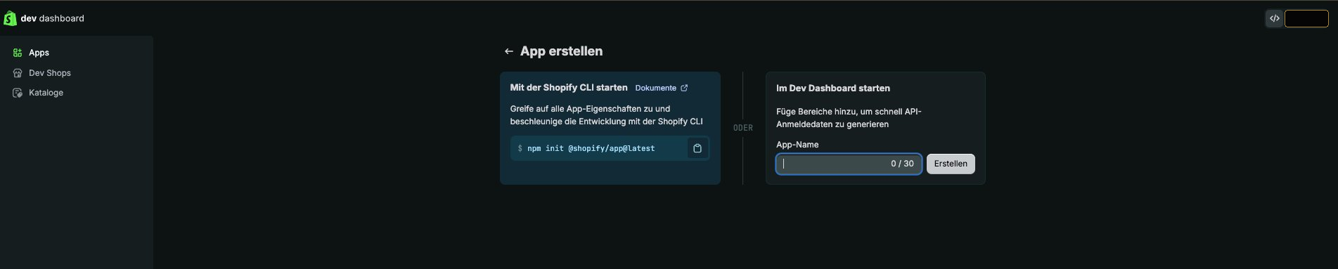 Dev Dashboard – neue App erstellen mit Namen Shop API