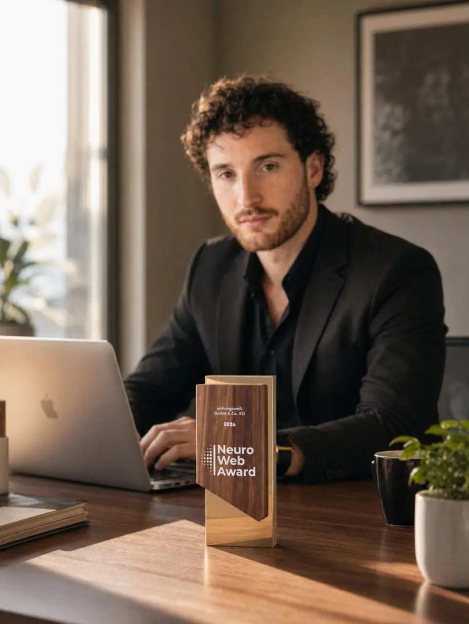 Neuro Web Award 2026 Trophäe auf dem Schreibtisch