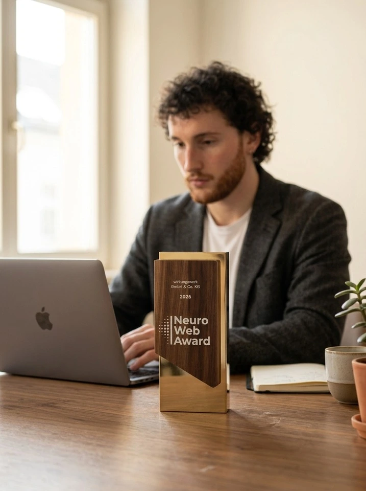 Neuro Web Award 2026 Trophäe auf dem Schreibtisch